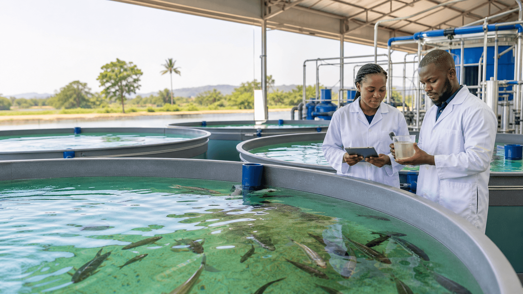 Aquaculture staff monitoring fish tanks